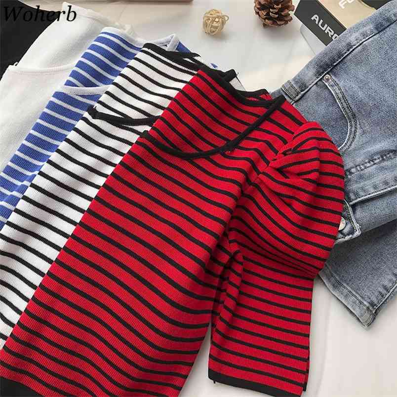 

Crew Neck Short-sleeved Sweater Bottoming Shirt Women's T-shirt Loose Thin Striped Puf Sleeve Vintage Spring Summer Blusa 210519, White