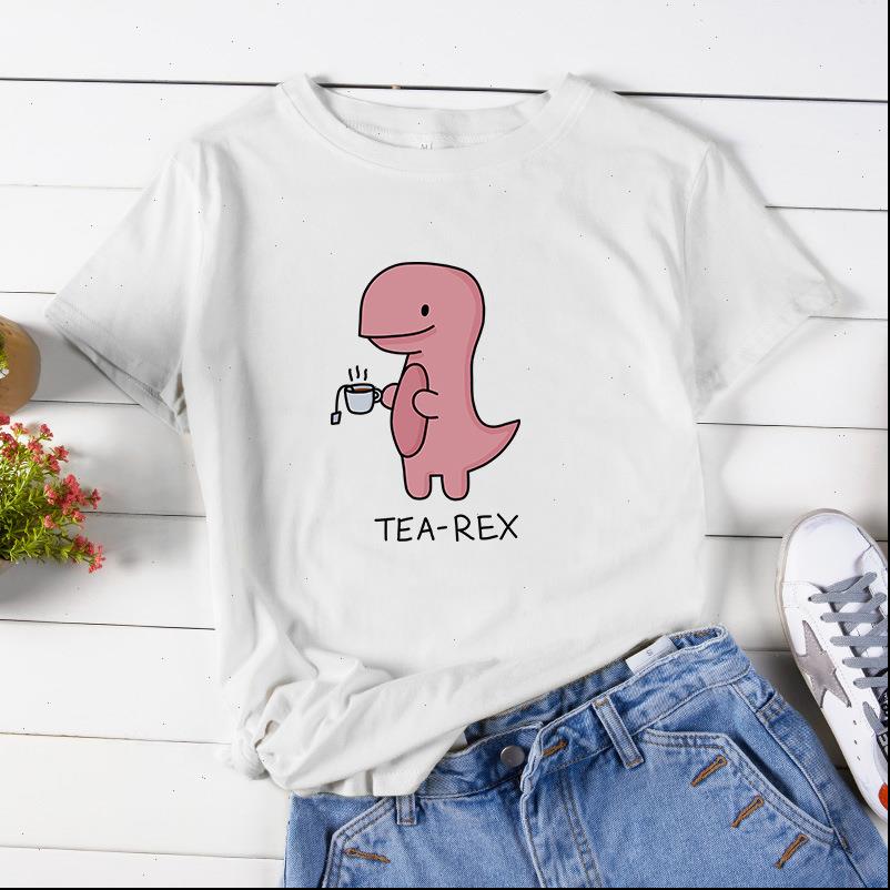 

Summer streetwear Women Tops Cartoon Dinosaur T rex Print Tshirt fashion Casual Short Sleeve O Neck Harajuku Shirt Camisas Mujer, White