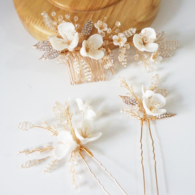 

Hair Clips & Barrettes Clay Flower Bridal Headpiece Rhinestone Leaf Wedding Comb Handmade Fashion Bobby Pin Set Brides Jewelry, Golden;silver