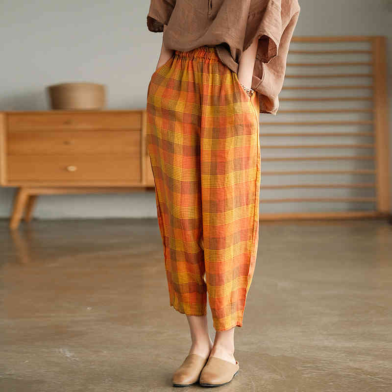 

Johnature Women Vintage Plaid Harem Pants Elastic Waist Linen Trouser Summer Pockets Female Clothes Loose Casual Pants 210521, Red