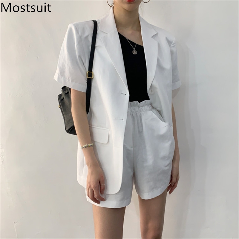 

Korean Casual Two Piece Suits Outfits Women Short Sleeve Blazer + Elastic Waist Shorts Sets Summer Fashion Solid Office Set 210518, Black