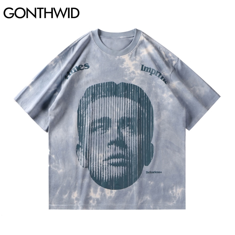 

T-Shirts Summer Men Hip Hop Streetwear Human Head Print Tie Dye Short Sleeve Tees Cotton Harajuku Casual Loose Tops 210602, Blue