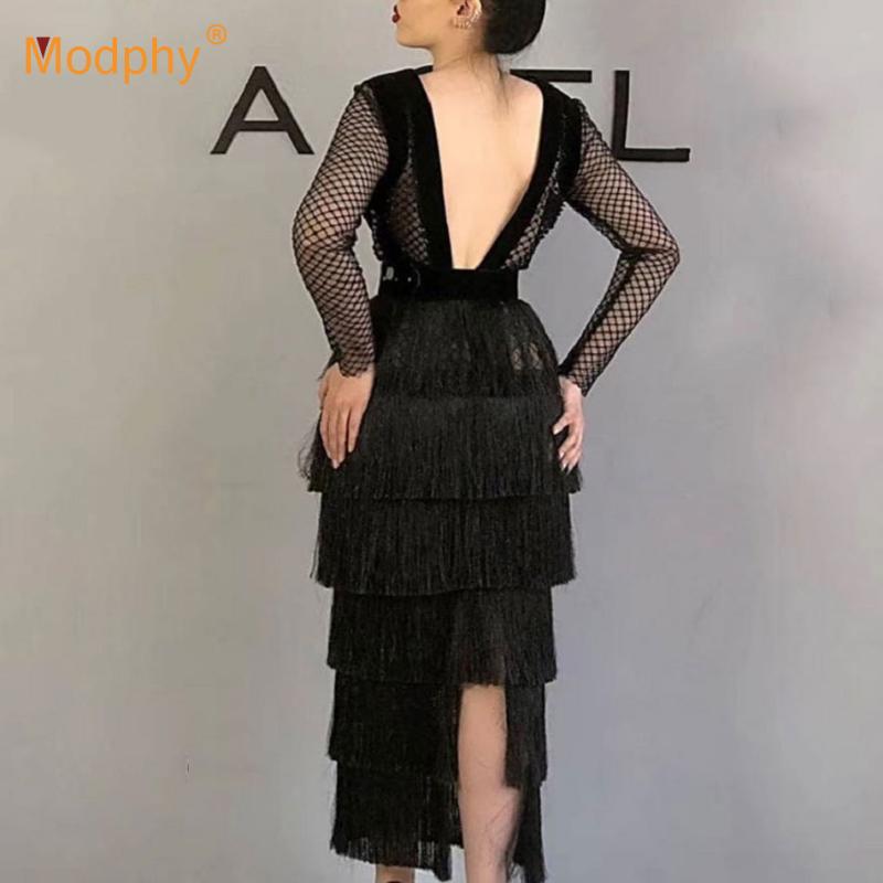 

Casual Dresses 2021 Autumn Fashion Dress Women's Black Sexy Net Yarn Tassel Patchwork Bodycon Midi Long Club Evening Party Vestidos