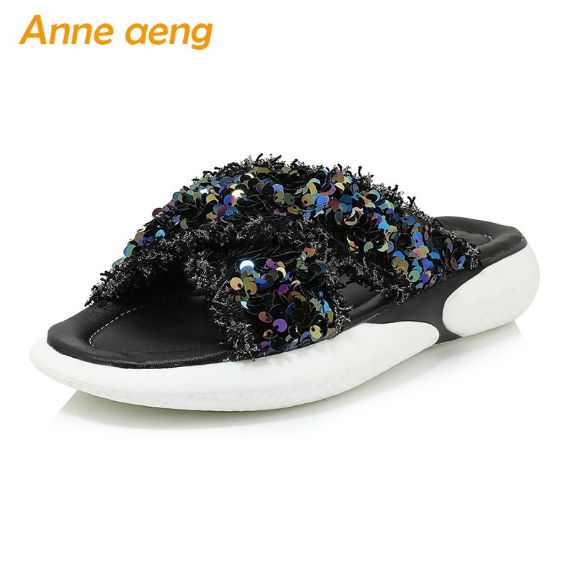 

Slippers Summer Women Middle Flats Heel Bling Comfortable Platform Shoes Black Slides Outdoor Big Size 33-46