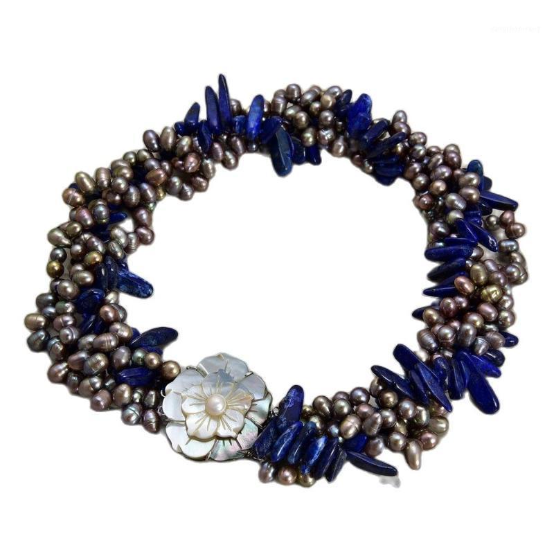 

Chains JK 17" 4 Rows Cultured Brown Pearl Blue Lapis Torsade Necklace