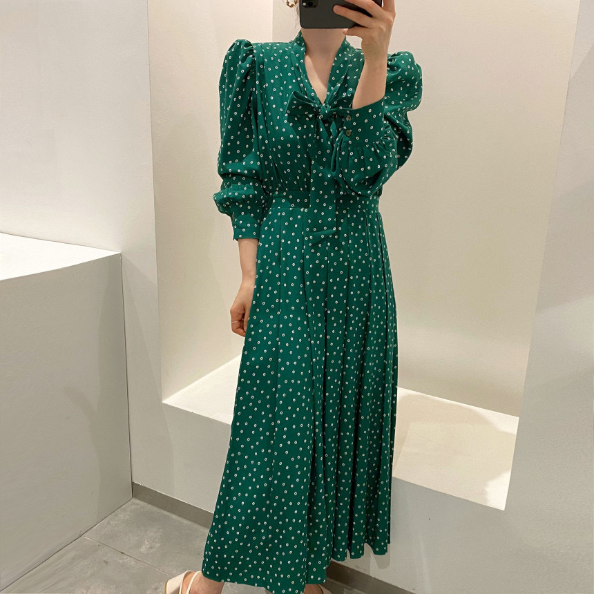 

Casual Dresses Vintage bow neck ball women's long sleeve female thin waist line 2021 spring es, White