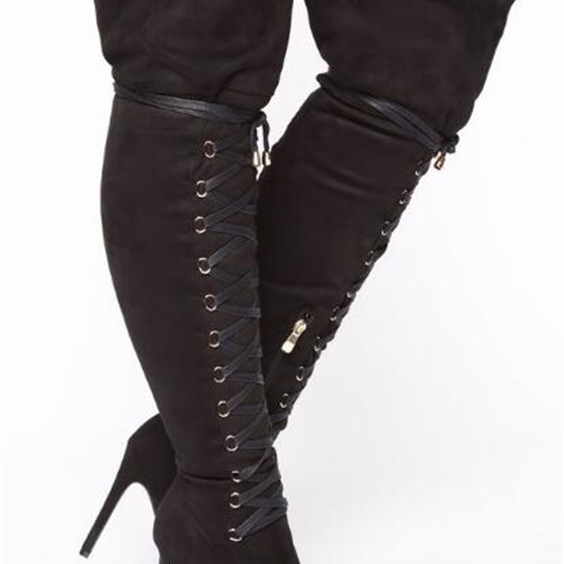 

boots arrival woman fashions black blue suede cross lace to thigh high boots pointed toe thin long lady 2dvp