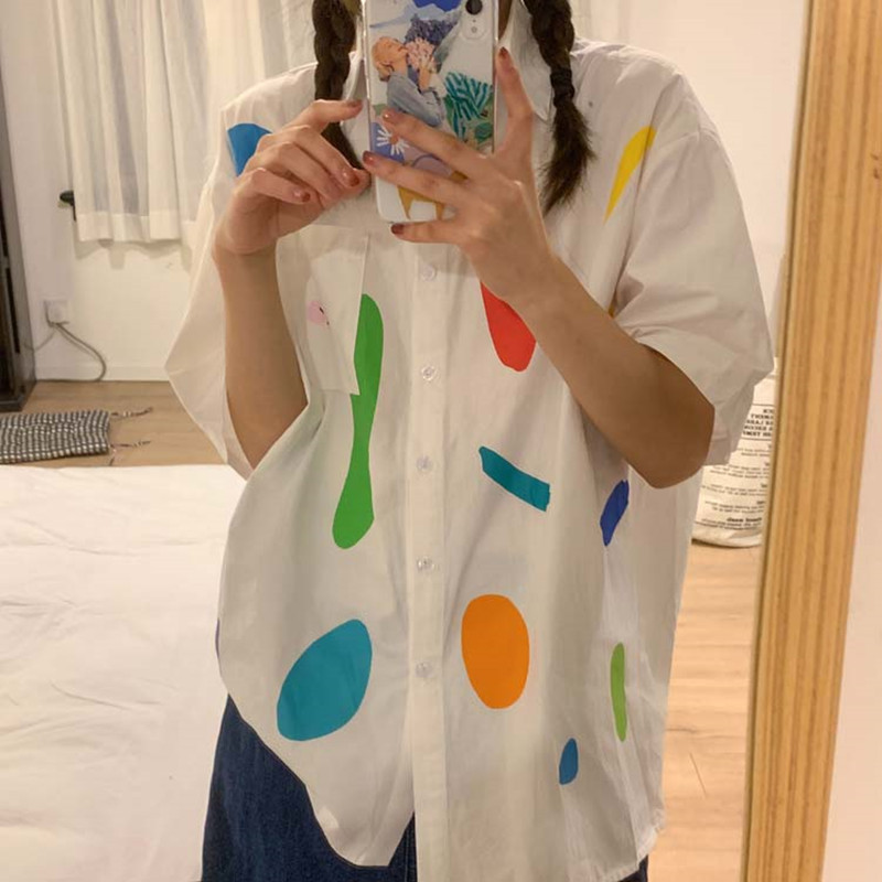 

femme womens loose tops 2021 summer korean style rainbow irregular print short sleeve shirt women blouses (F3987), White