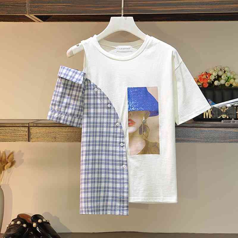 

Summer Fashion Women' O Neck Short Sleeves Patchwork Plaid Girls Print Casual T-shirt Tee Tops A3077 210519, Beige