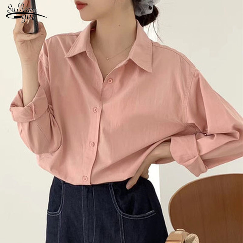

Early Autumn Korean Style Long Loose Retro Shirt Solid Color Sleeve Women Blouse Lazy Chemisier Femme 10320 210521, Orange