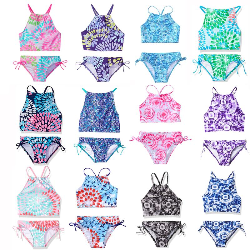 

Women's Swimwear 2021 Prints Kids Girl Tankini Bikini Sets Two Piece Swimsuit Little Bathing Suits Halter Beach Suit, 15