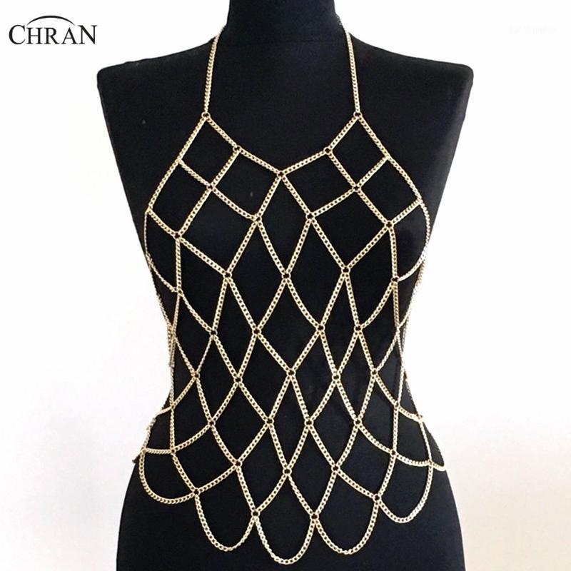 

Chran Chainmail Bra EDM Rave Crop Top Harness Necklace Women Chain Grid Bralette Coachella Party Wear Festival Jewelry CRBJ908 Chains, Silver