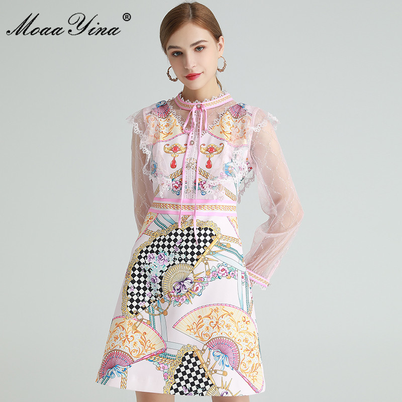 

Fashion Designer dress Spring Women's Dress Mesh Long sleeve Lace Ruffles Floral Print Elegant Dresses 210524, Multi