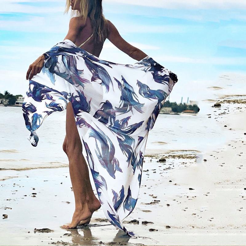 

Swimsuit Cover Up Feather Print Chiffon Boho Dress Side Split Summer Beachwear Women Beach Kimono Bikini Robes Women' Swimwear, Blue