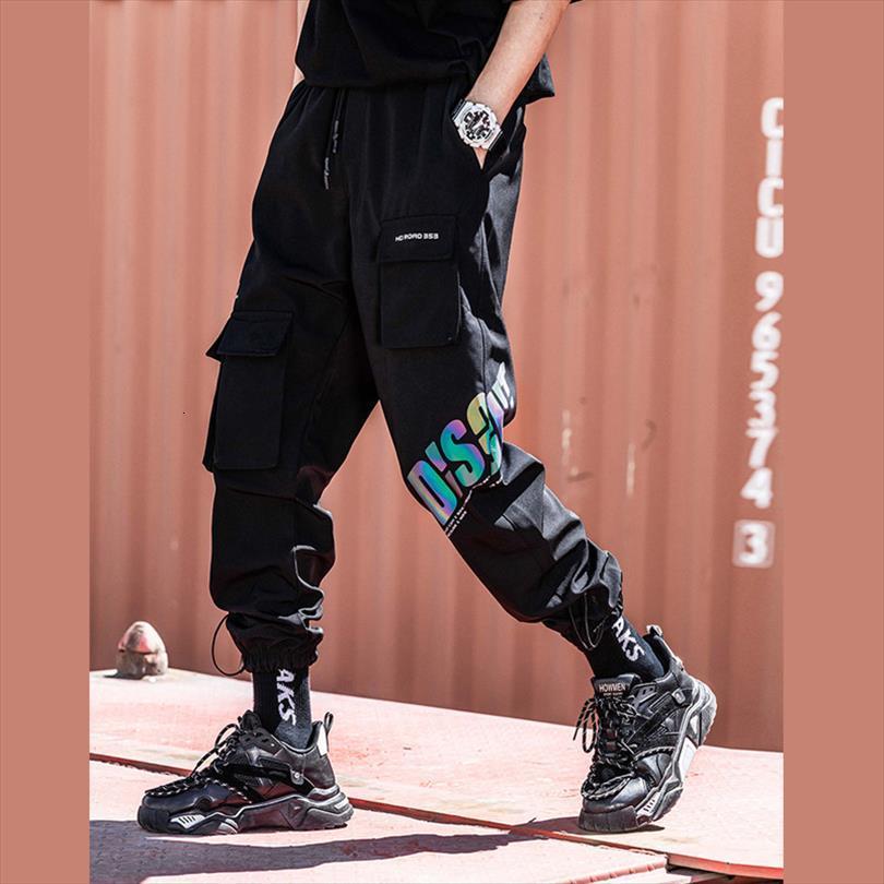

prowow spring cargo loose women pants casual multi pocket korean jogger ankle length fashion elastic waistline, Black