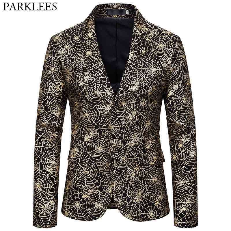 

Nightclub Blazer for Men Gold Spider Web Printed Mens Blazers Slim Fit Single Breasted Suit Jacket Male Party Prom Costume Homme 210522, Siliver