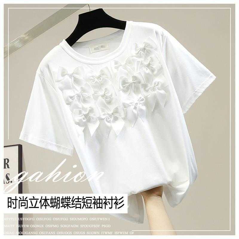 

Solid Three-dimensional Bow Patchwork Sweet O Neck Short-sleeved T-shirt Design Casual Tops 210615, Black