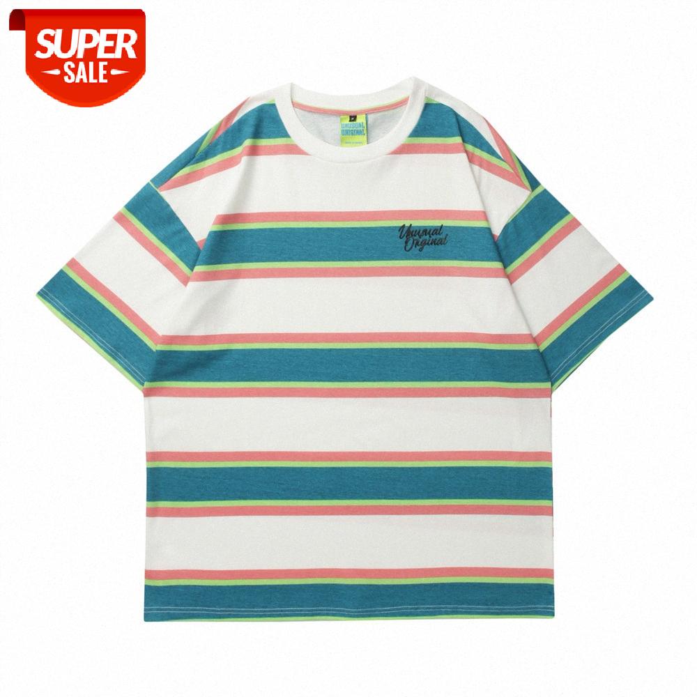 

Color-blocking striped short-sleeved T-shirt men's street flow loose round neck five-point sleeves lazy half #TY8k, White;black