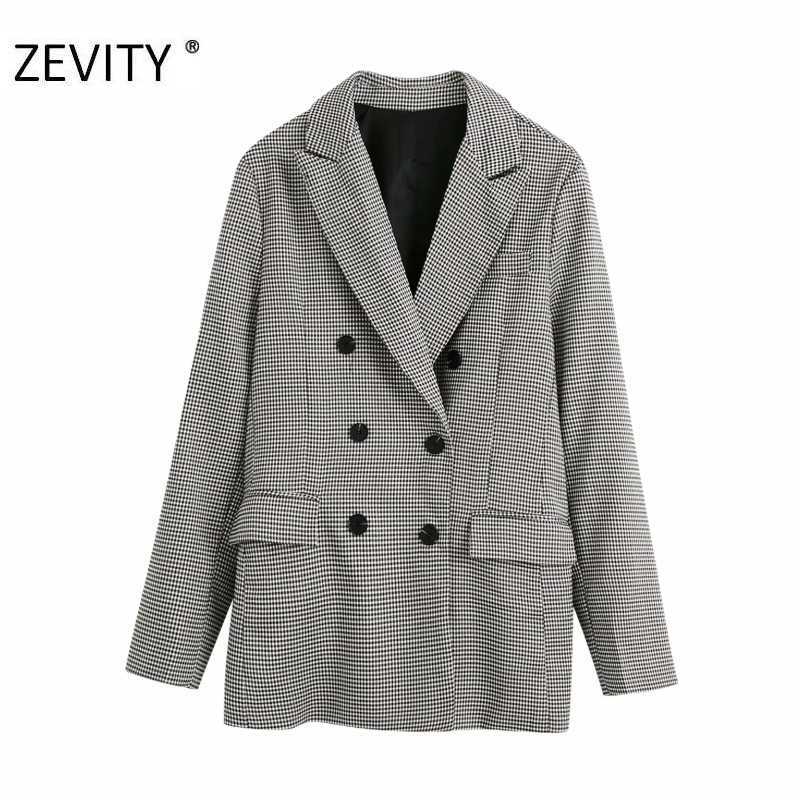 

Zevity women vintage double breasted plaid print blazer coat office ladies pockets causal stylish outwear suits coat tops CT586 210603, As pic ct586bb