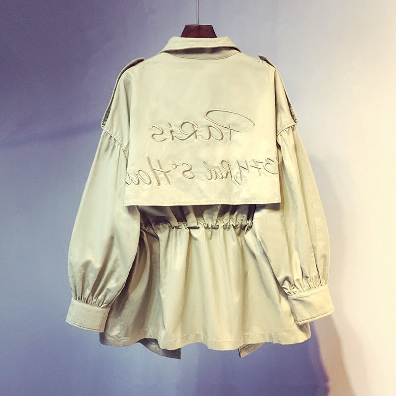 

women's jackets spring fall korean trench coats for woman solid color long sleeve outerwear letter embroidered female waistband jacket, Black;brown