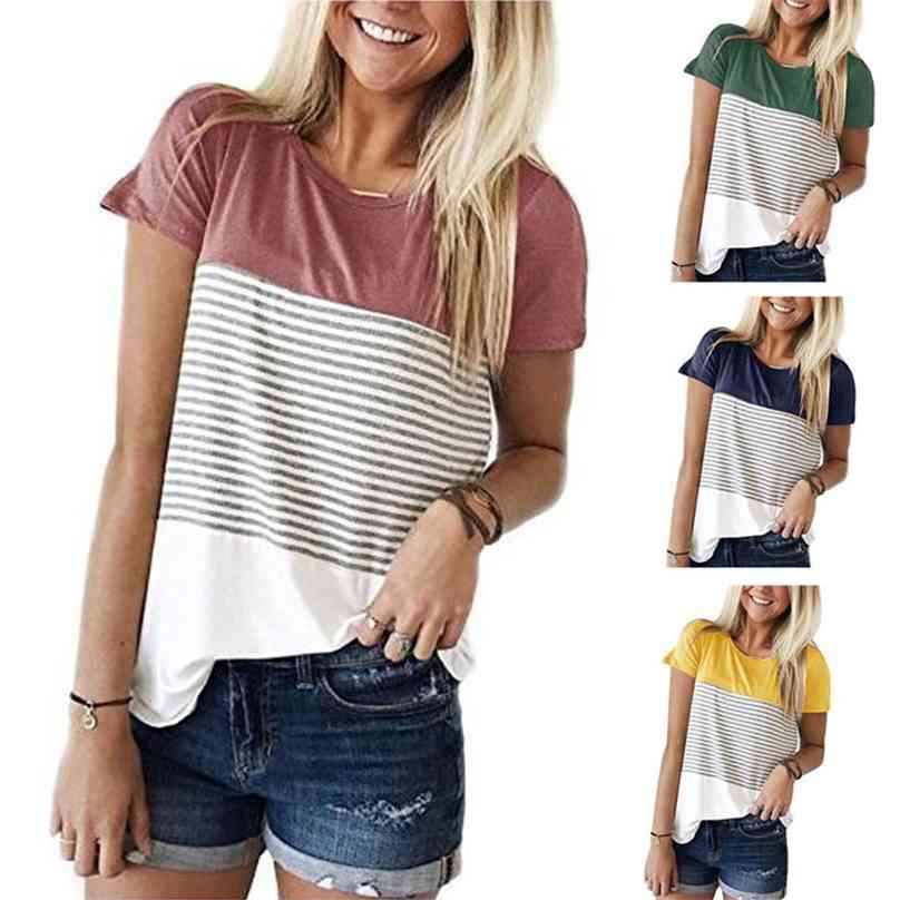 

Women Stripe Tops Lady Fashion Three-color Stitching Short Sleeve Clothes Summer O-Neck T-Shirt 210720, Black