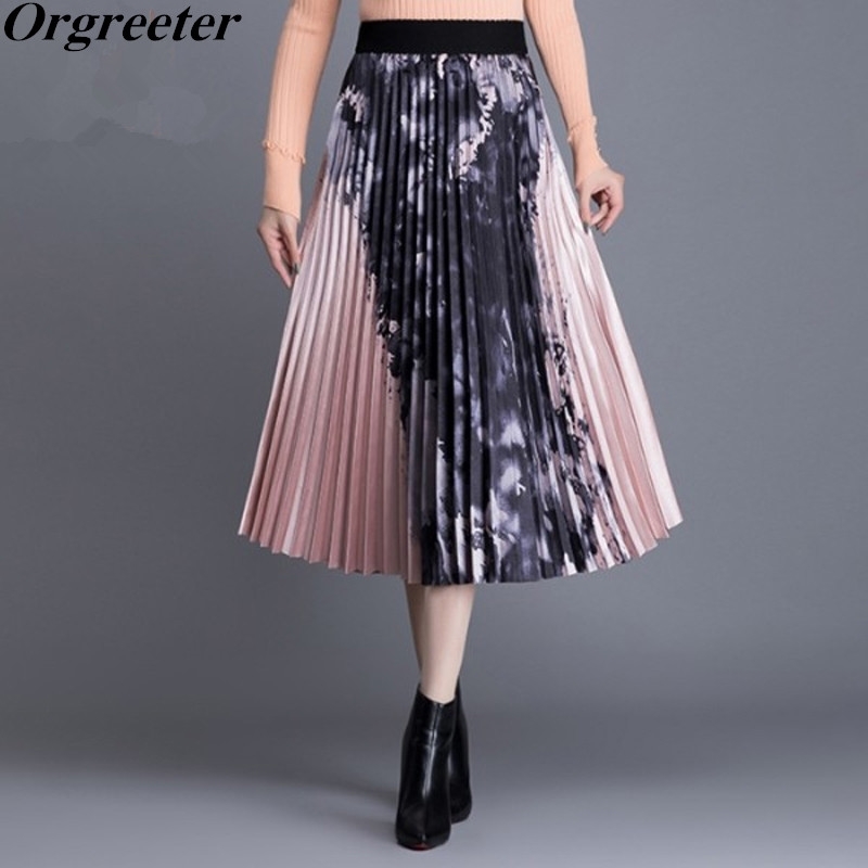 

Women Skirts Fashion Elegant Retro Ink Printted Pleated Elastic High Waist A-line Long 210525, Picture color