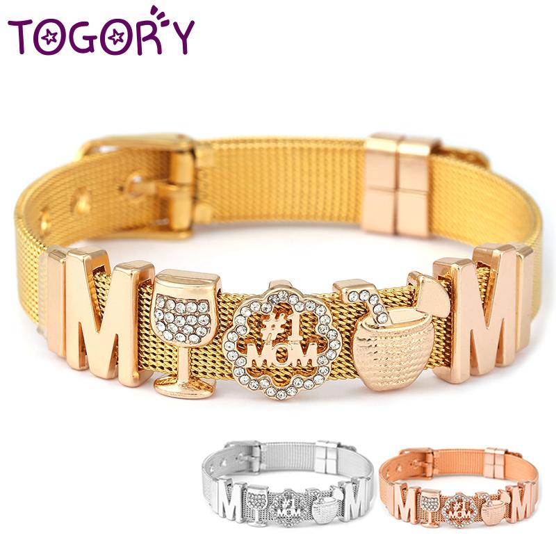 

Beaded, Strands Gold Color Stainless Steel Strap Mesh Bracelets For Women Letter MOM Heart Beads Charm Keeper Bracelet & Bangle Mother Jewel, Black