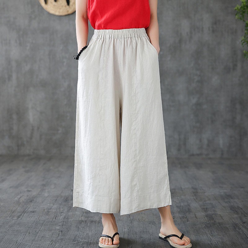 

Johnature Autumn Loose Leisure Plus Size Elastic Waist Wide Leg Pants Cotton Linen Comfortable Women Ankle-length Pants 210521, Khaki