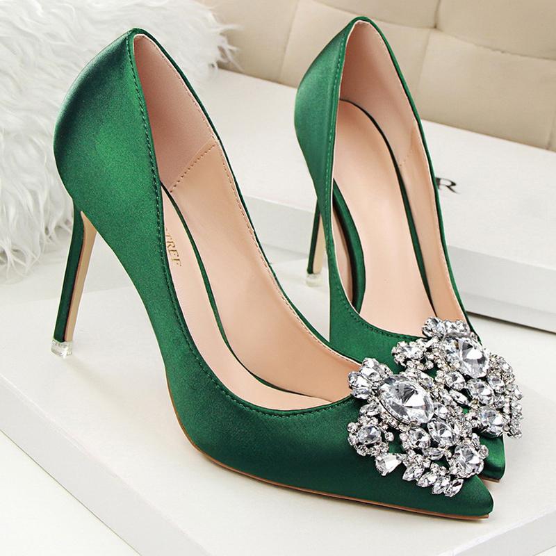

Dress Shoes Woman 10cm High Heels Rhinestone Green Pink Silk Crystal Pumps Lady Satin Scarpin Wedding Bridal Elegant Plus Size