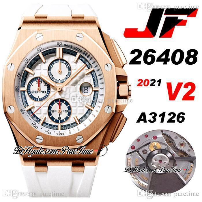 

2021 JF V2 26408 CAL A3126 Automatic Chronograph Mens Watch Rose Gold Superlumed White Textured Dial Summer Edition Rubber Strap Super Watch, Slivery;brown