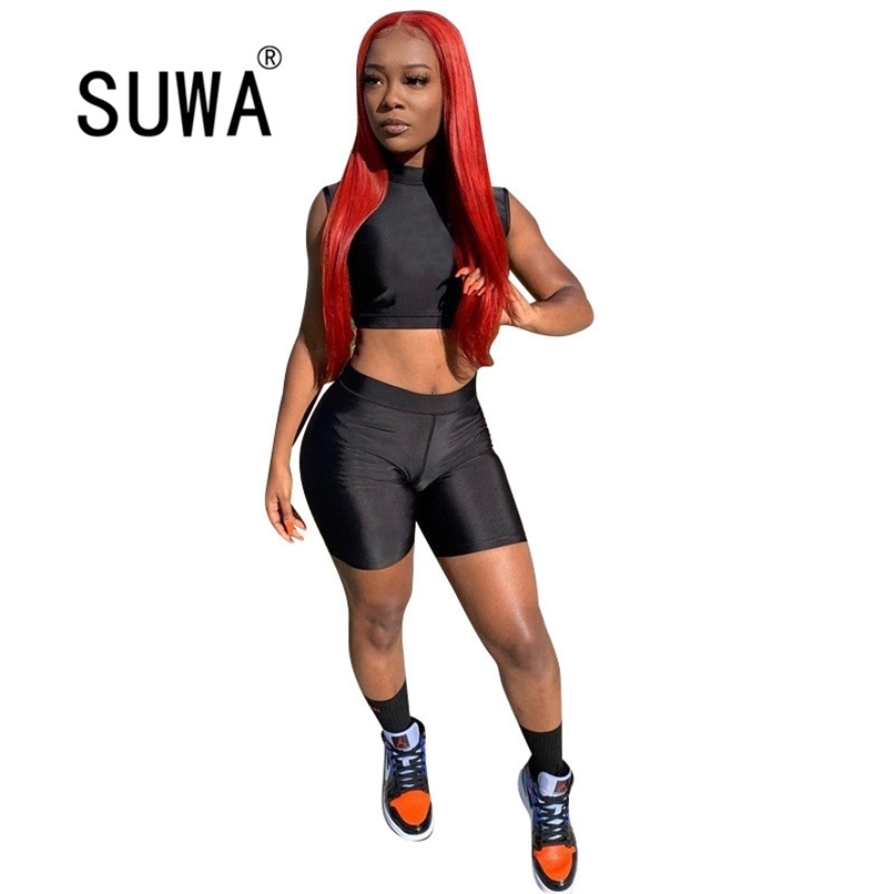 

All Black Track Suit Loungewear Women Two Piece Set Sleeveless Crop Top Tank + High Waist Moto Biker Workout Shorts Pants 210525