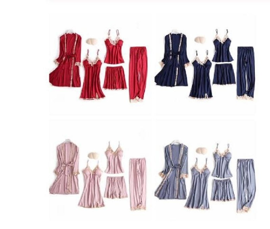 

2021 Pajamas Set Sexy Lace Satin Silk Sleepwear Women Summer Spring Fashion for Robe Sleep Lounge, White