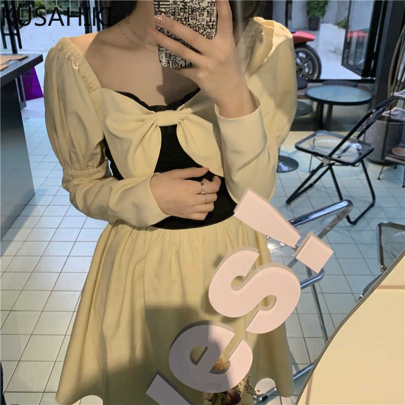 

Sweet Bowknot Square Collar Dresses Korean Black White Hit Color Woman Dress Puff Sleeve High Waist Vestidos 6G551 210603, Photo color