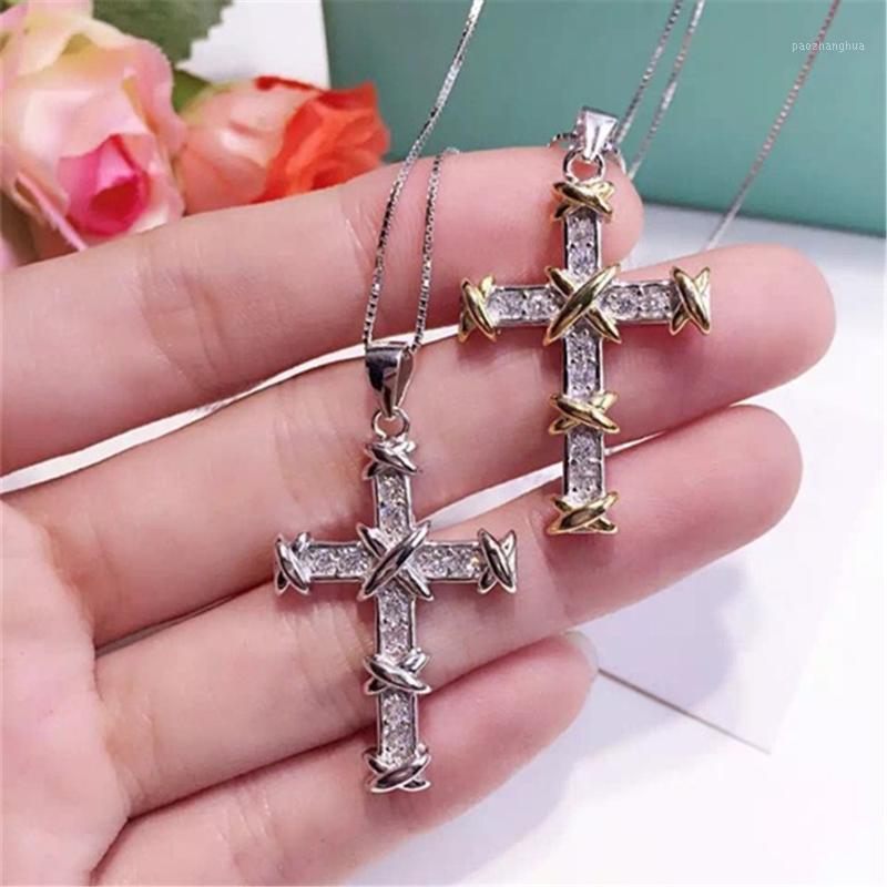 

Luxury 925 Silver Crucifix Charm Necklace Choker For Women Simulated DIAMOND Bible Jesus Cross Pendant Necklaces Wedding Jewelry Chains