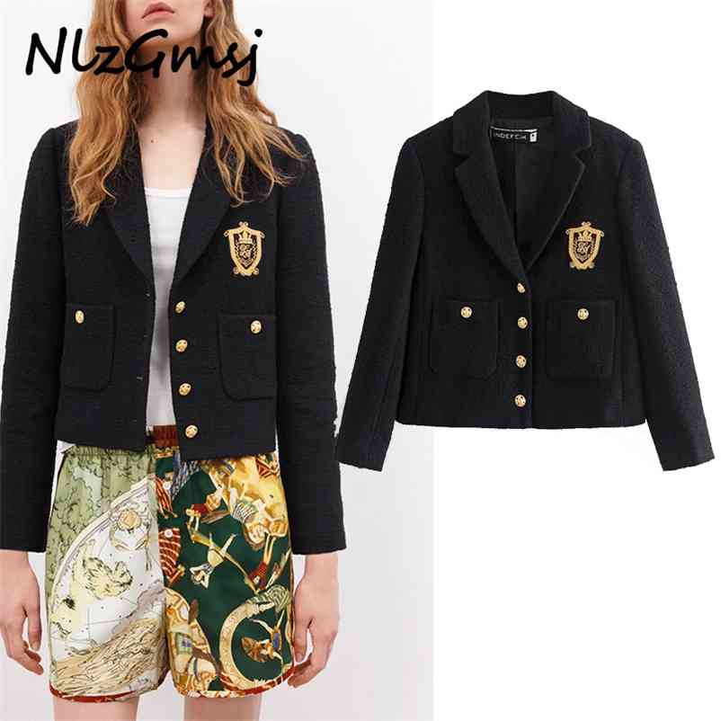 

Blazer Women England Style Badge Patch Breasted Woolen Coat Vintage Long Sleeve Female Outerwear Chic Tops 210628, As picture