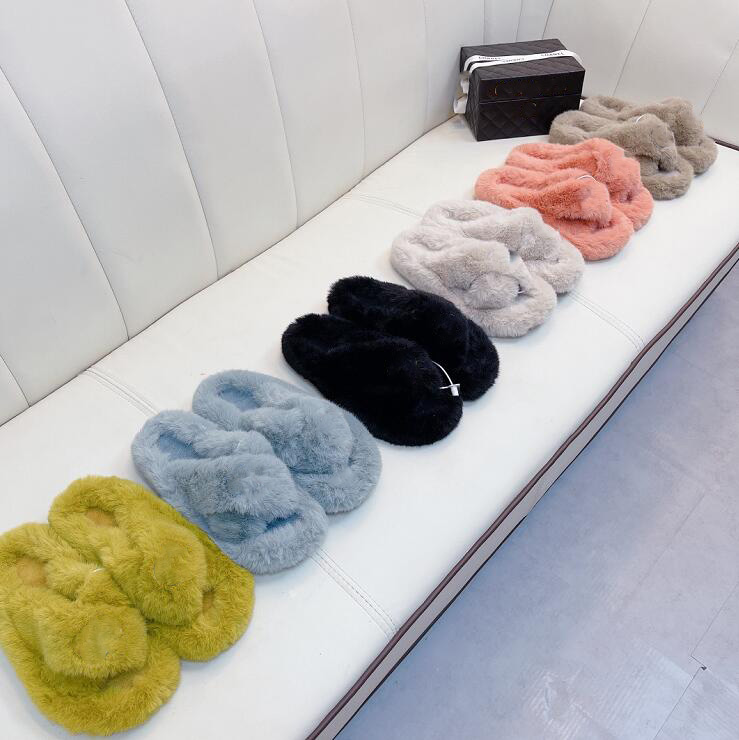 

Women Non-slip Wool Slippers Designer Luxury Furry Slides Multicolor Faux Wools Leather Slipper Brand Autumn Winter Warm Comfortable Slide, 05