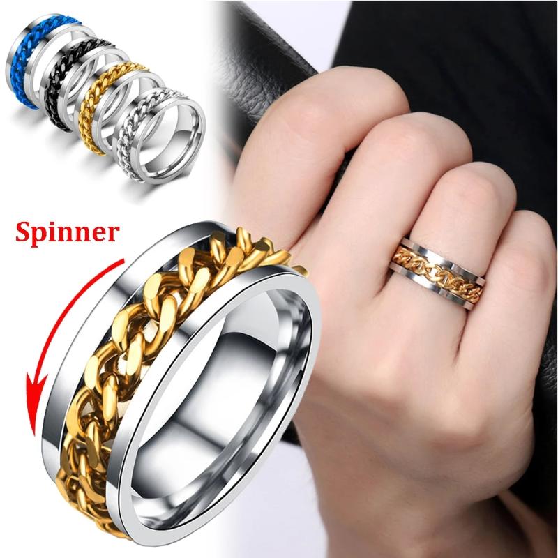 

Cluster Rings Titanium Steel Anxiety Ring For Men Punk Spinner Chain Fidget Hip Hop Jewelry Gifts Women's Accessories Wholesale KAR028, Golden;silver