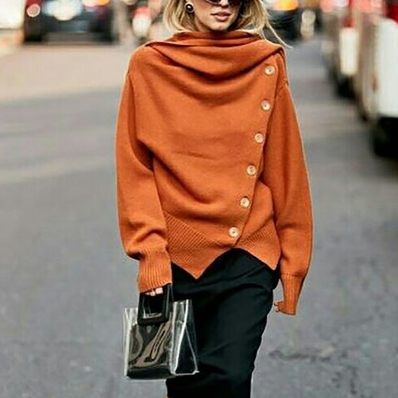 

Women Sweater Turtleneck Oversize Sweaters Knitted Cardigan Autumn Winter Tops Button Korean Fashion Coat 210603, Orange