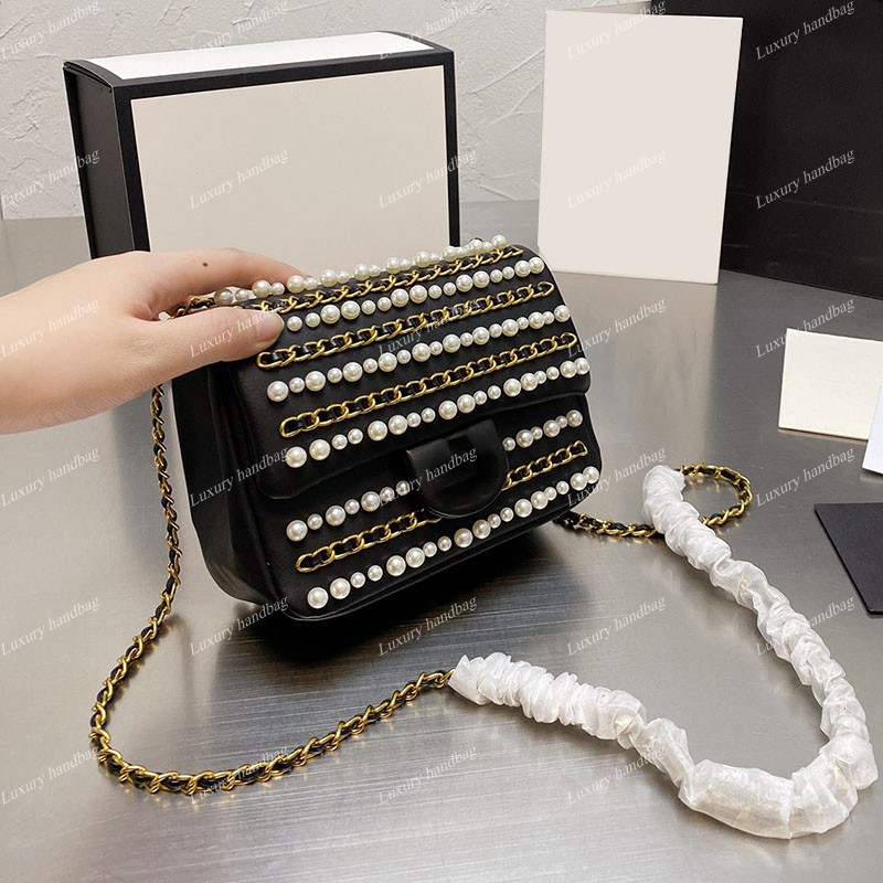 

2021 Early Autumn Winter F/W Pearl Stud Bags Classic Flap Mini Quilted Matelasse Chain Crossbody Shoulder Famous Luxury Designer Gold Metal Hardware Handbags 17C, Black