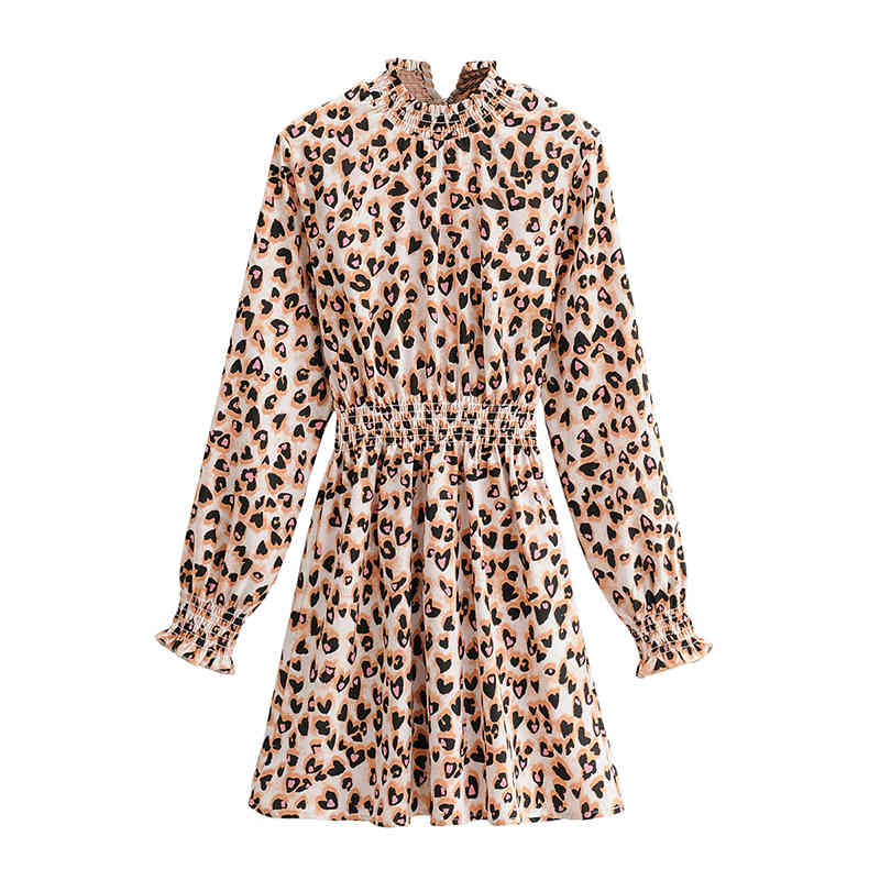 

Paris Girl Fashion Women Leopard Print Mini Dress A Line Chic Party Elastic Waist Long Sleeve Retro es Vestidos Mujer 210524