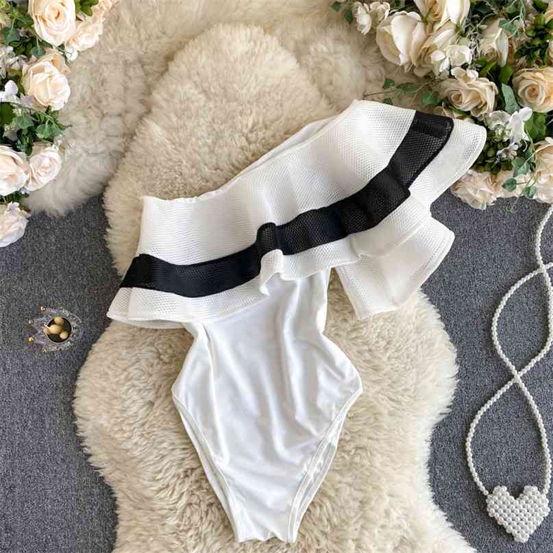 

Summer Women one shoulder bodysuit striped flounce bodycon rompers black white sexy beach party club outfits 210603