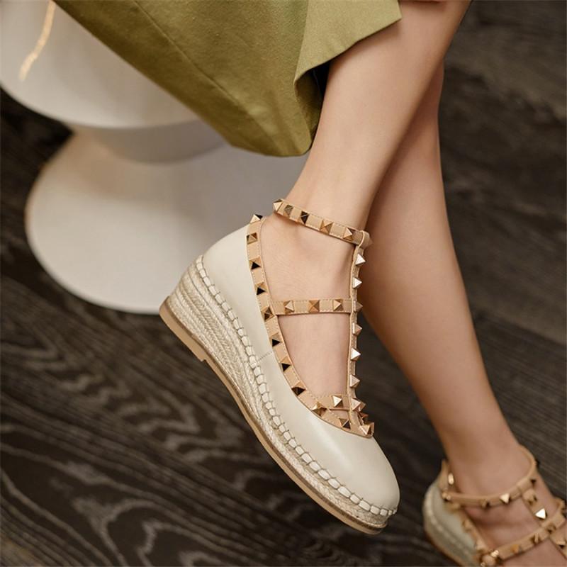 

Spring Women's Pumps Full Leather Inside And Outside Round Toe T-shaped Buckle 2021 Rivet Mary Jane Wedge Fisherman Shoes Dress, Black