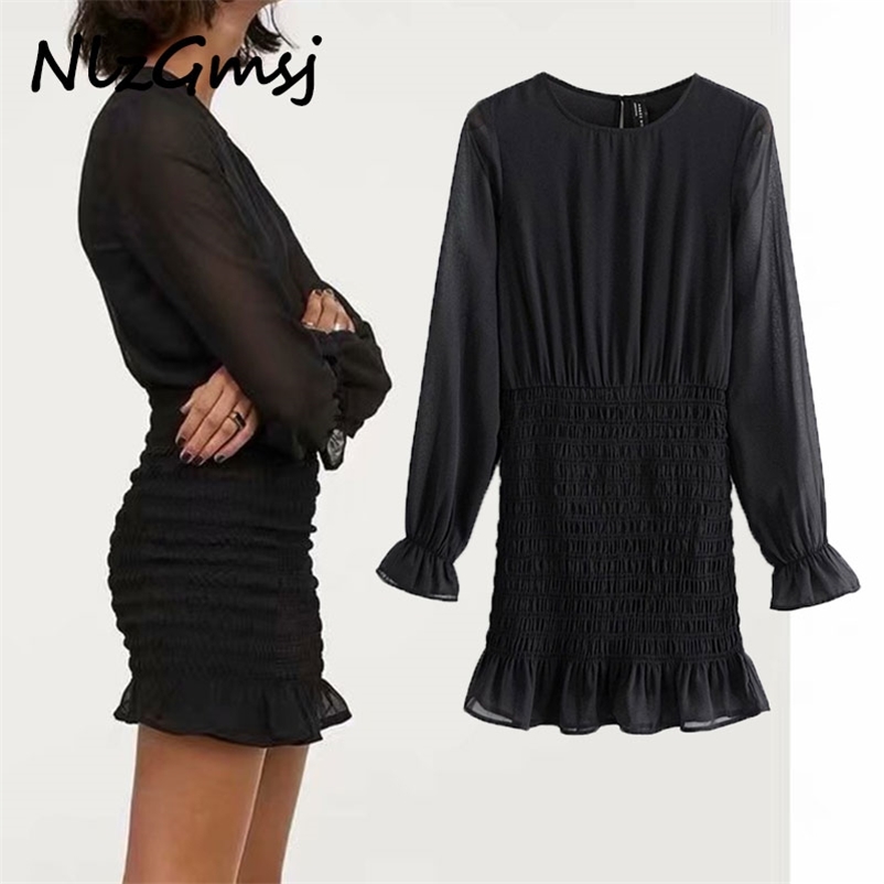 

Dres Ruffled Elastic Mini Long Sleeve O Neck Casual Elegant Woman Chic Back Opening Smock Vestidos 210628, As picture