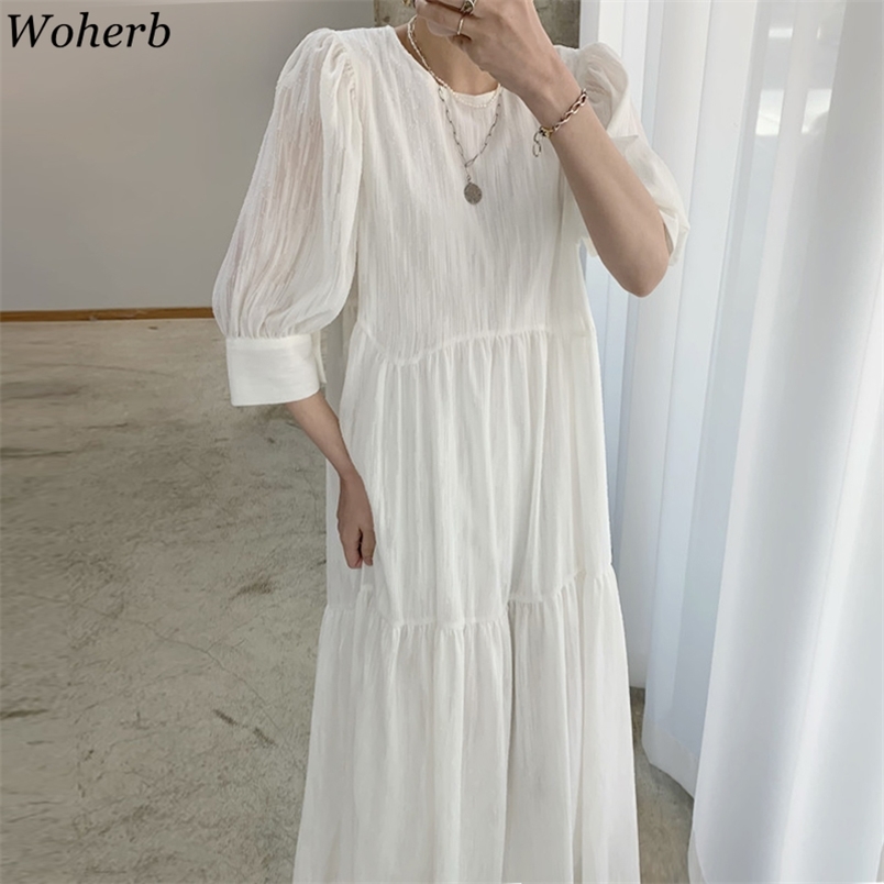

Women Dress Summer Robe Fashion Temperament O Neck Loose Vestidos Korean Elegant Puff Sleeve White Maxi Dresses 210519, Apricot