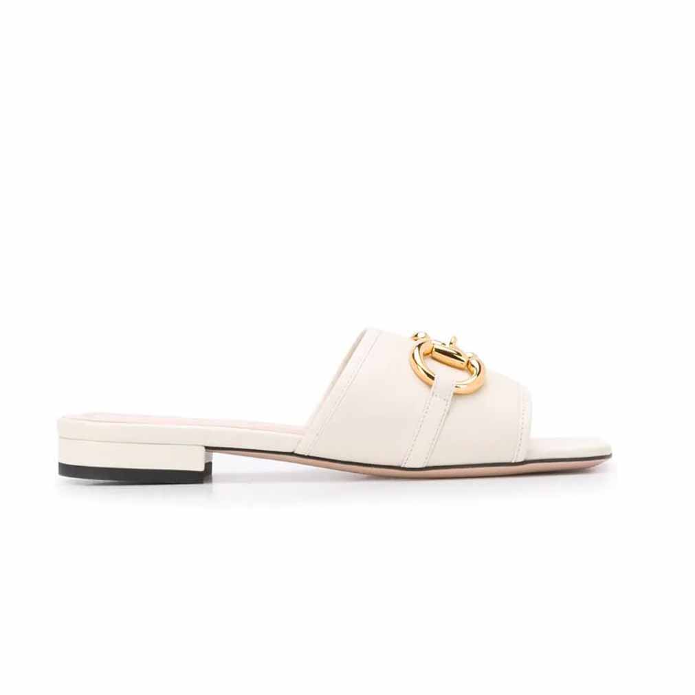 

Women's White Leather Slides Sandal Horsebit slide sandals Gold-toned Outdoor Lady Beach Sandalies Casual Slippers Ladies Comfort Walking Slipper Shoes