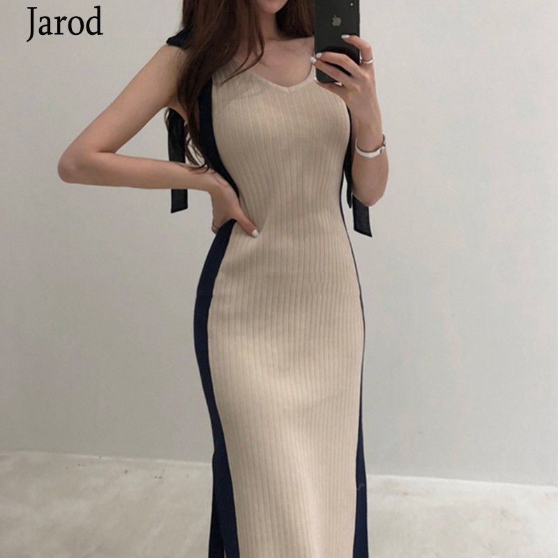 

Summer Women Sexy V Neck Bodycon Knitted Dress Sleeveless Hit Color Bow Fashion Split Sweater Chic Dress Vestidos 210518, Photo color