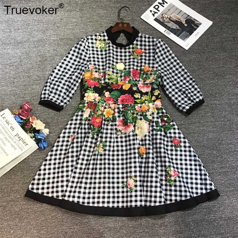 

Truevoker Spring Runway Fashion Dresse's Half Sleeve Elegant Plaid Print Beading Crystal Back Cutout Dress 210602, Black