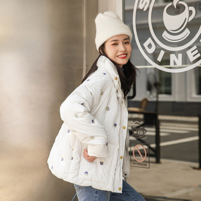 

downs Winter Women's Short Jacket Windproof Stand Collar Sweet Down Coat Small Cute Embroidery T0tt, Black