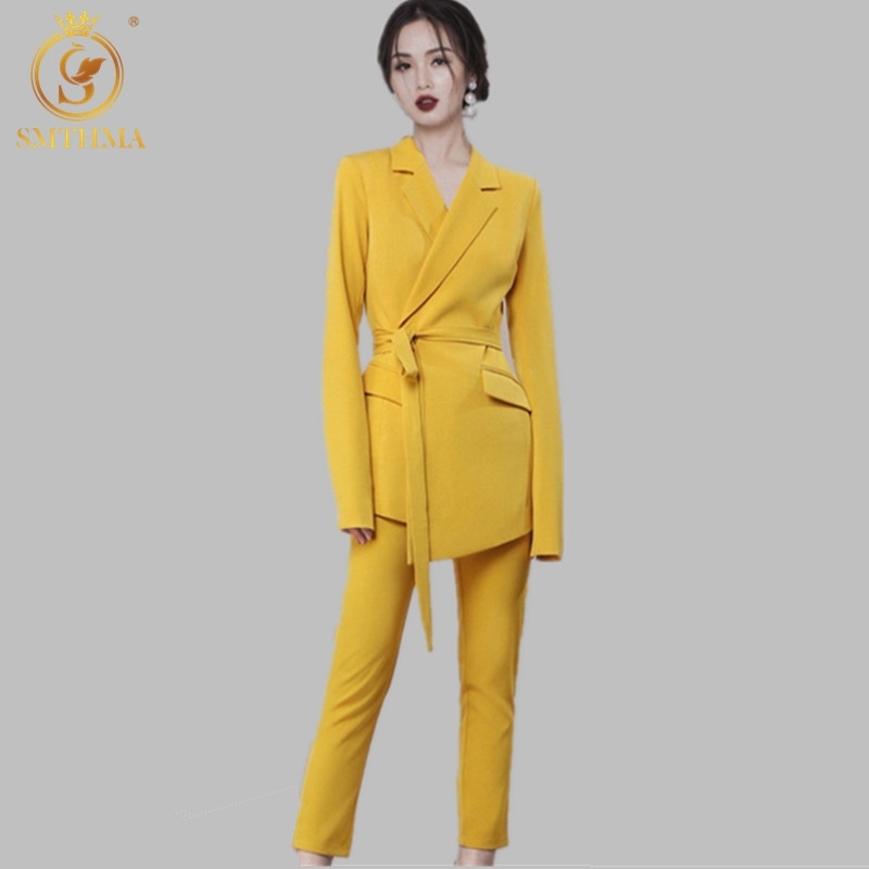 

Fashion Notched Neck Lace Up Asymmetry Coats And High Waist Long Pants Women Korean Suits 2-piece Set 210520, Photo color