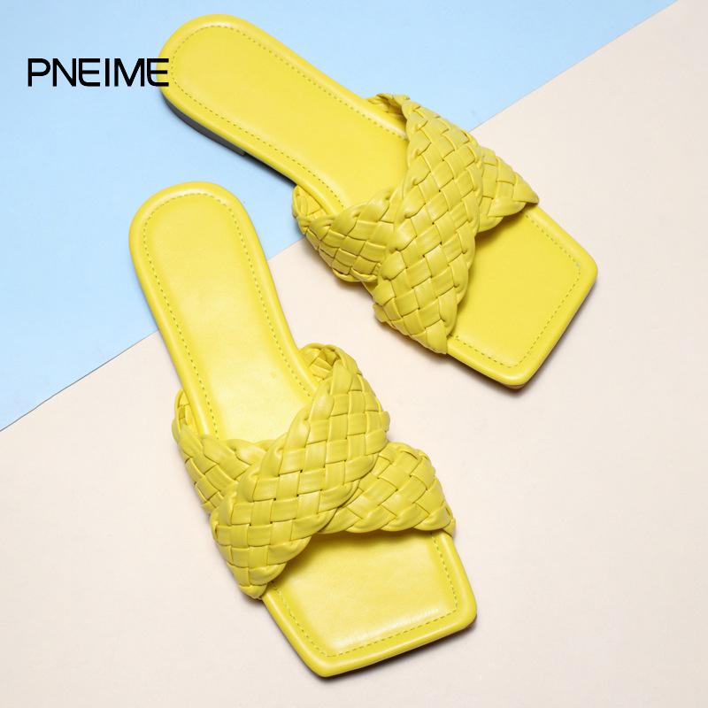 

Slippers Summer Women's Fashion Flat Shoes Rattan Cross Strap Sandals And Macaron Retro Woven Square Head, Black